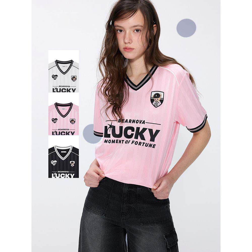 2026夏季新款小熊女装球衣风撞色v领刺绣短袖T恤运动风甜美上衣