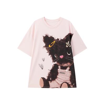 【商场同款】甜美可爱猫咪大图短袖夏季新款粉色圆领T恤C2CNF2749