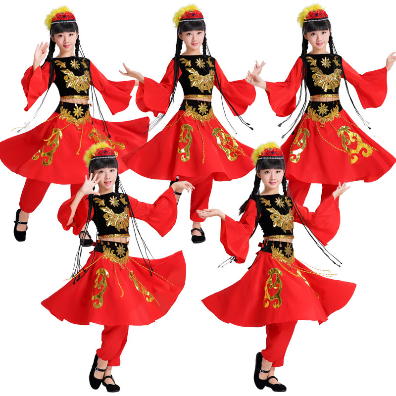 女童新疆舞儿童款红色维吾尔族舞蹈服装幼儿少数民族舞台表演出服