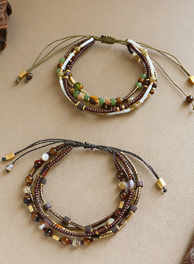 原创复古波西米亚多层小米珠串珠手链轻奢高级感可抽拉手饰女