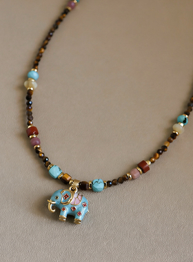 原创复古滴油小象虎眼石项链松石珍珠配饰女轻奢小众高级感锁骨链