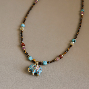 原创复古滴油小象虎眼石项链松石珍珠配饰女轻奢小众高级感锁骨链