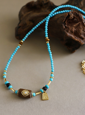 原创复古时尚精致微镶锆石松石珍珠项链轻奢小众高级感串珠锁骨链