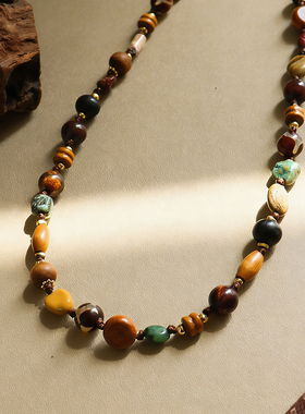 秋冬新款复古玛瑙天然石串珠项链配饰女轻奢小众高级感编织锁骨链