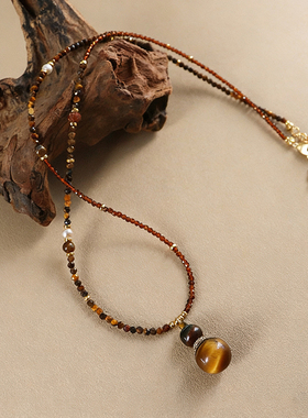 原创秋冬复古美拉德项链虎眼石葫芦福禄串珠毛衣链小众高级感女