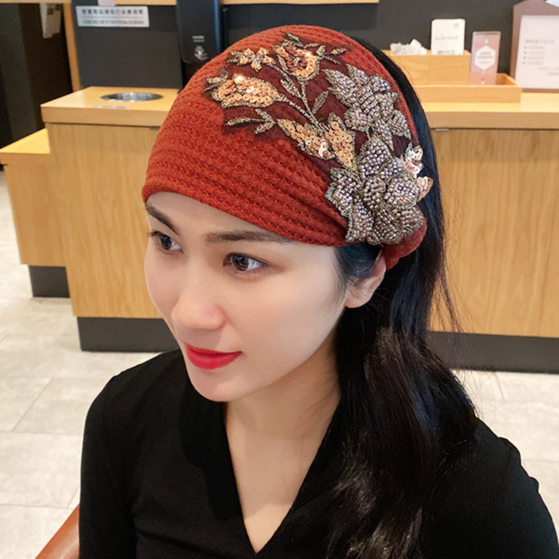 刺绣针织保暖发带女外戴洋气时尚护脑门宽边头箍送妈妈遮白发头饰