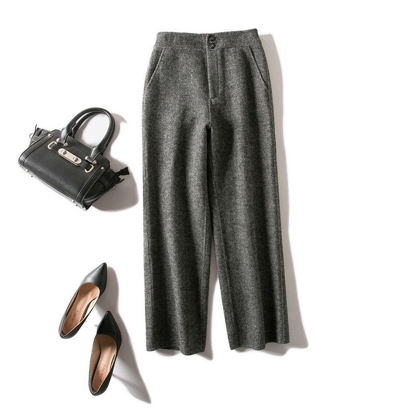 不显臃肿 加厚羊毛双面呢阔腿裤 高腰两粒扣人字纹双插口袋休闲裤,女装/女士精品,休闲裤,淘宝优惠券,粉丝福利购,淘宝优惠卷