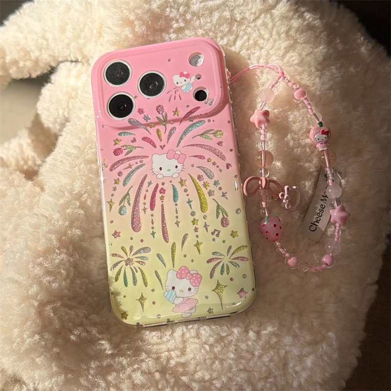 ins可爱闪粉烟花Kitty猫卡通适用苹果17手链手机壳少女心15promax高级感保护套14pro防摔iPhone16女款