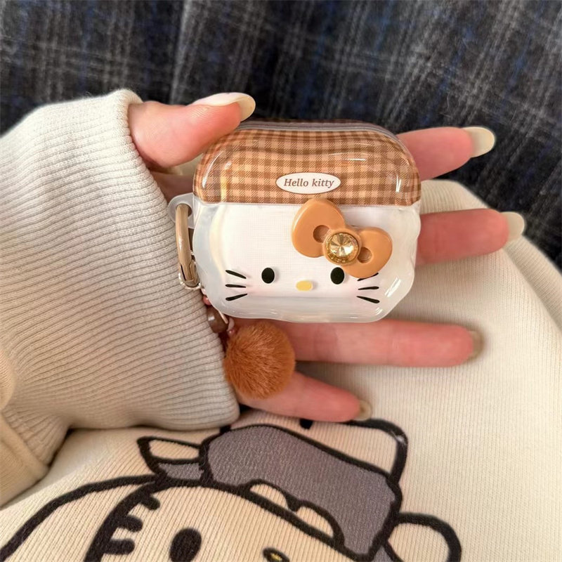 ins日韩可爱格纹凯蒂猫卡通苹果1蓝牙2代适用耳机壳airpods3女款pro2高级感airpods4代挂饰pro3代保护套