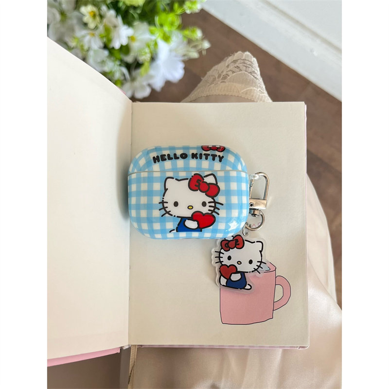 ins小清新蓝格Kitty猫卡通可爱苹果1蓝牙2代适用挂饰耳机壳airpods3女款pro2高级感airpods4代pro3代保护套