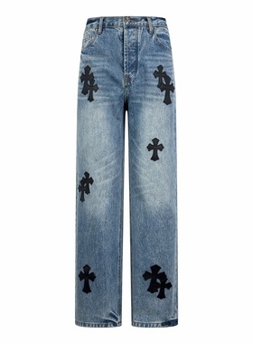 26SSCH美式梵文十字架花皮标梵文金属男女牛仔裤水洗街头长裤蓝色