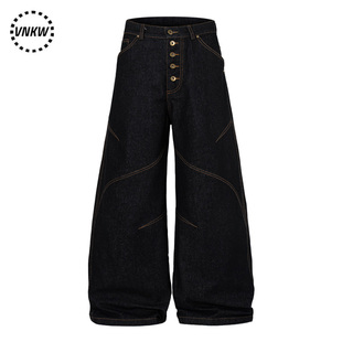 美式复古丹宁原牛黑弯刀牛仔裤男女痞帅解构单排扣阔腿baggy长裤