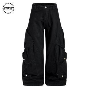 国潮痞帅cleanfit多口袋弯刀工装裤男女宽松阔腿黑色休闲百搭长裤