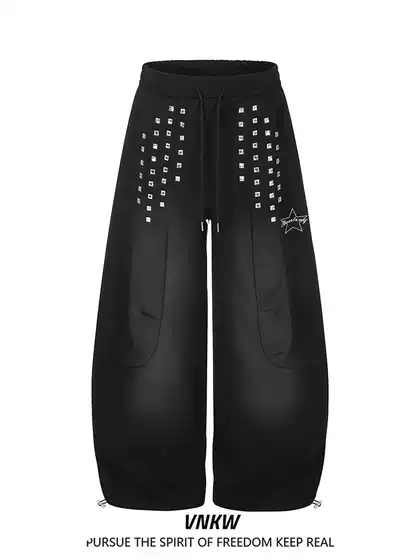 American-Style Cool and Edgy Deconstructed Rivet Design Distressed Scimitar Sweatpants Unisex Trendy Brand Jazz Dance Loose Wide-Leg Long Pants