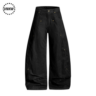 国潮重磅痞帅解构拼接铆钉黑色弯刀裤男女cleanfit宽松阔腿工装裤