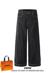American-Style Simple Straight-Leg Jeans for Men, Black Loose-Fitting Couple's Wide-Leg Cleanfit Pants