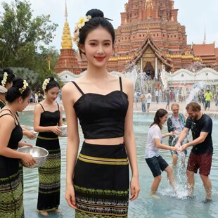 云南版纳德宏傣族风黑色抹胸套装泼水节旅拍民族服装