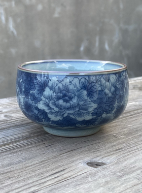 景德镇老陶泥青花牡丹罗汉杯陶瓷开片可养主人杯单杯喝茶杯品茗杯
