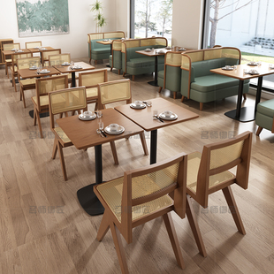 网红餐厅咖啡厅桌椅组合实木卡座沙发藤编商用茶楼餐饮店日式 定制