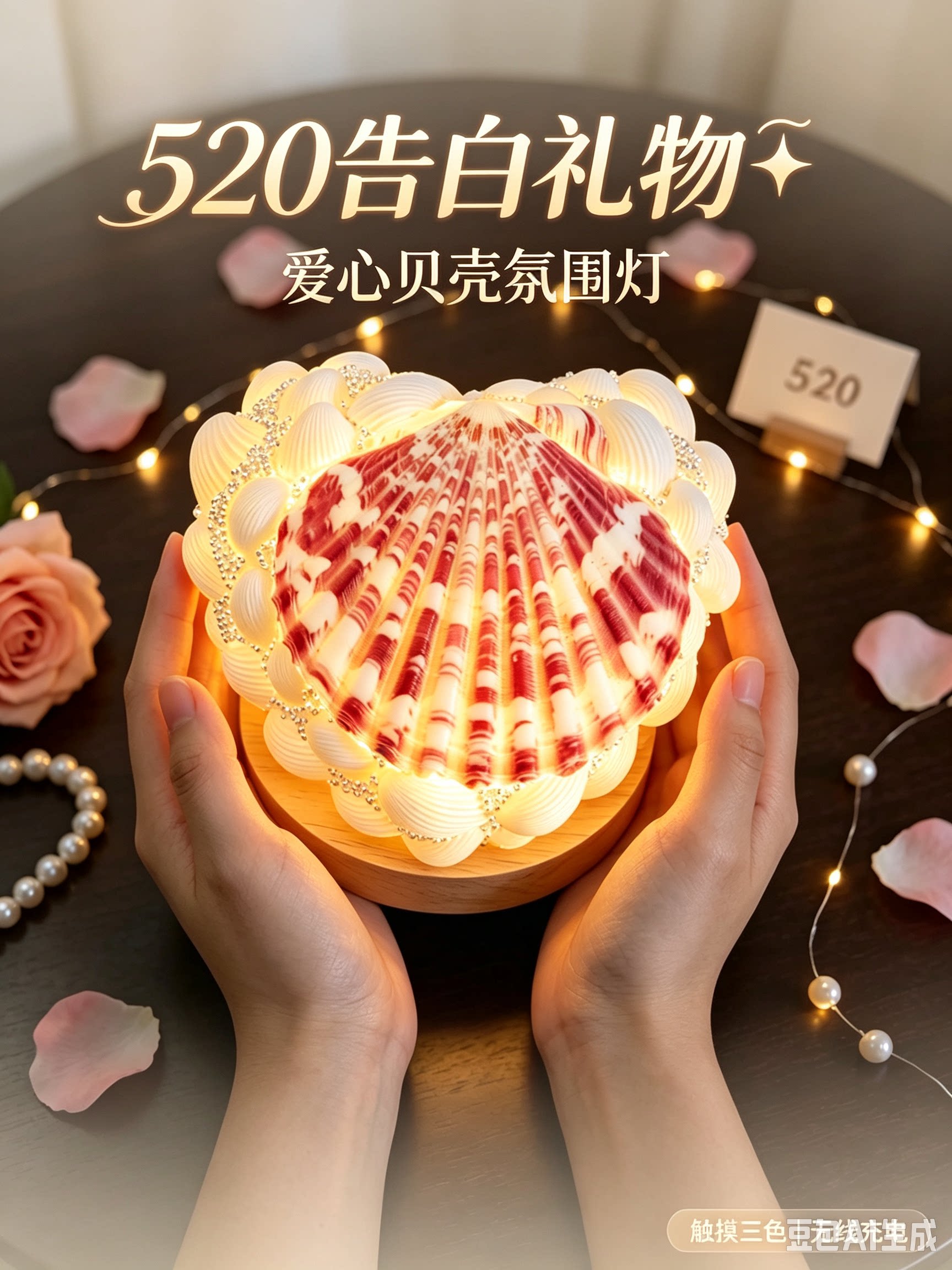 手工爱心贝壳氛围灯520情人节礼物迷你可充电卧室床头家用小夜灯