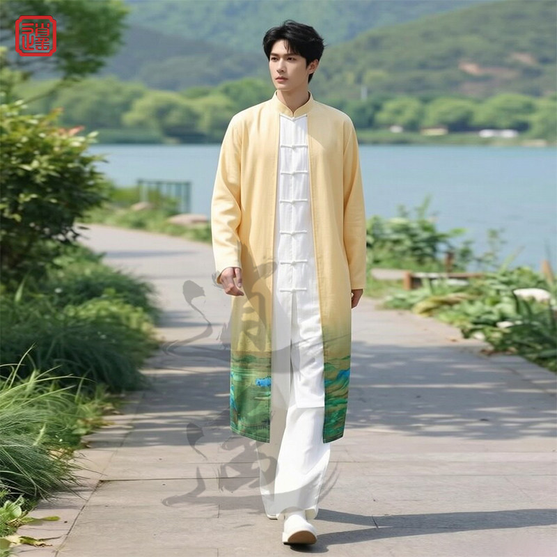 江山图印花棉麻假两件汉服长衫