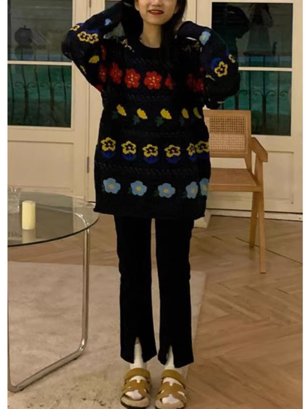 작은 배형 체형의 여성을 위한 라지 사이즈 블랙 슬릿 청바지 살짝 통통한 MM 슬림한 담배파이프 스트레이트 9부 팬츠 가을