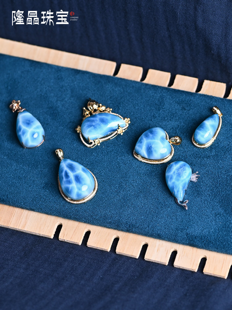 天然海纹石吊坠玉化海纹石18k金镶嵌拉利玛水晶吊坠水滴项链女款