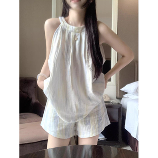 女夏2025新款 套装 STUDIO 纯棉纱布家居服 棉纱吊带挂脖睡衣短裤