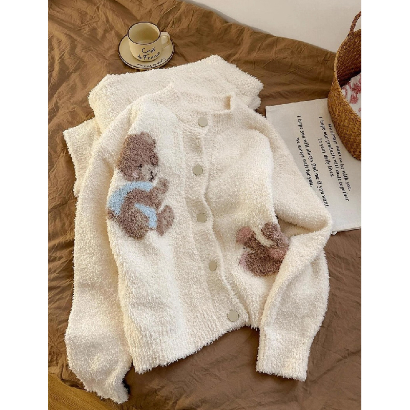 小熊圆领毛绒开衫睡衣女秋冬季