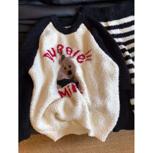 黑白条纹半边绒睡衣女款冬季加厚