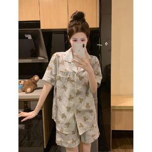 STUDIO 格子小熊睡衣女2025新款 韩版 简约夏家居服 甜美短袖 短裤
