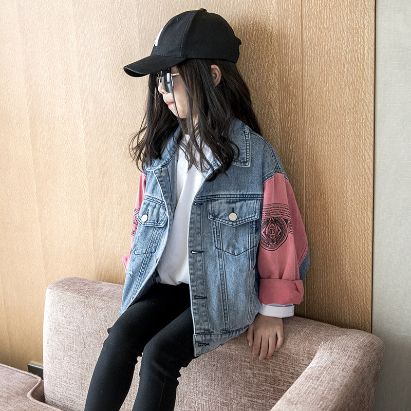 女童外套秋装2025新款中大童春秋款洋气纯棉宽松休闲拼色牛仔夹克