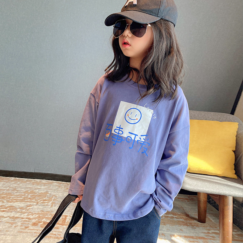 女童春装上衣长袖T恤2026中大童新款时髦洋气纯棉简约圆领打底衫