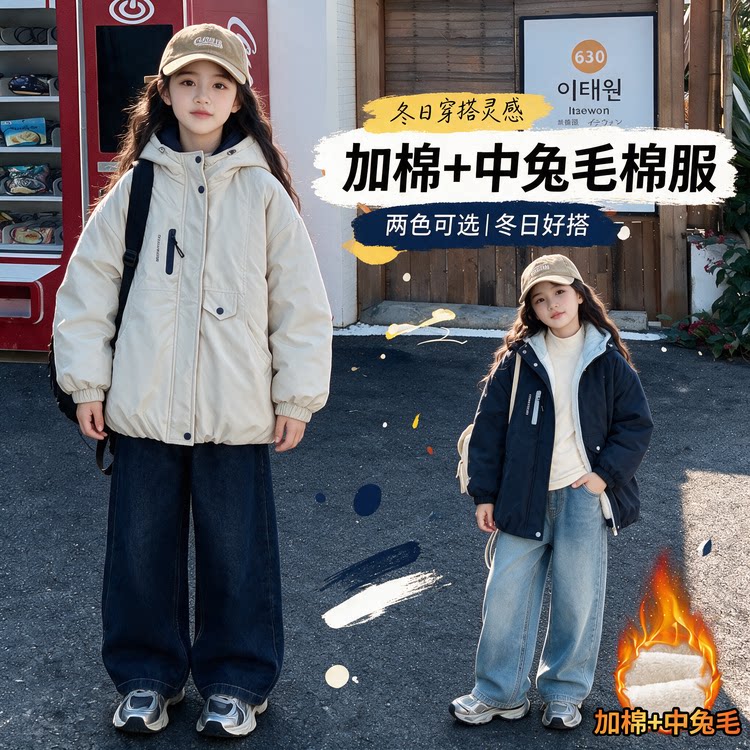 女童连帽加绒加厚兔毛内里棉服