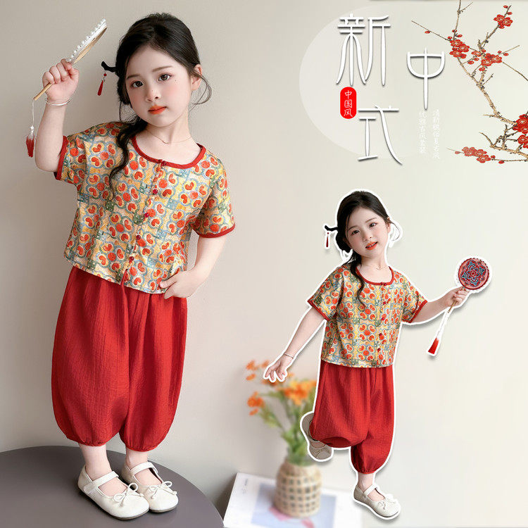 女童夏季薄款短袖印花唐装两件套