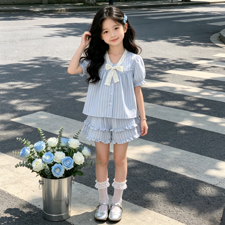 女童夏季韩版甜美条纹蝴蝶结套装