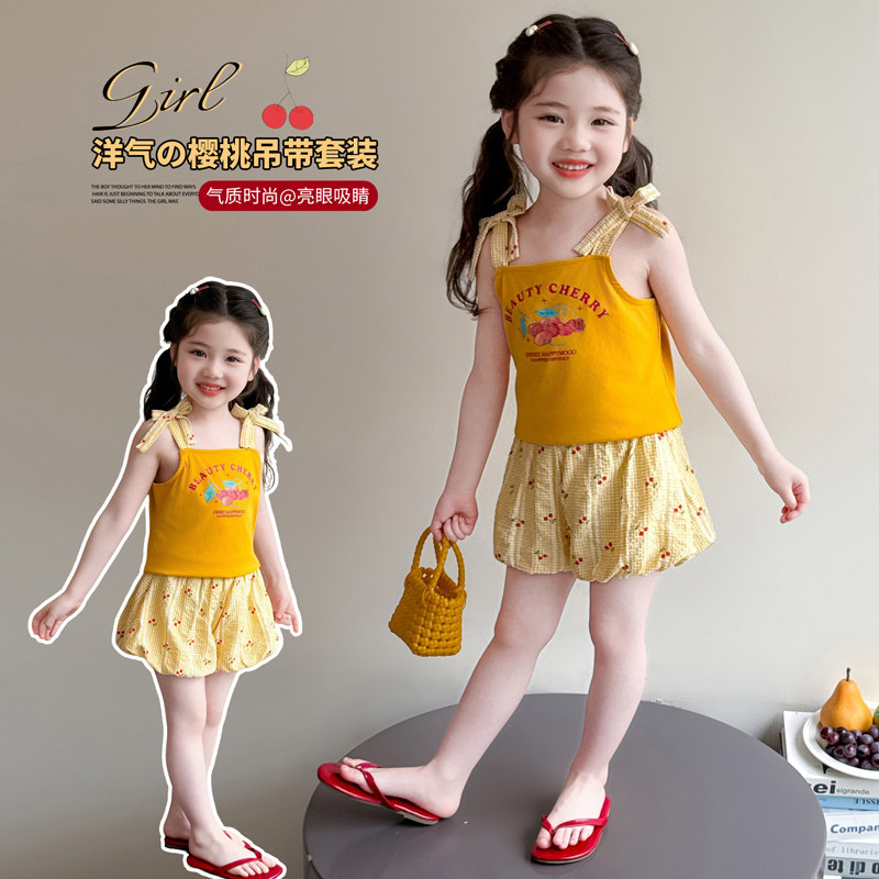 女童夏季樱桃印花吊带两件套