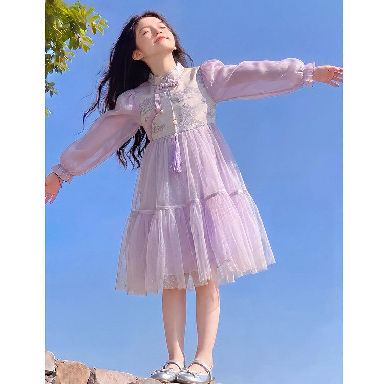 女童春秋洋气紫色网纱公主裙