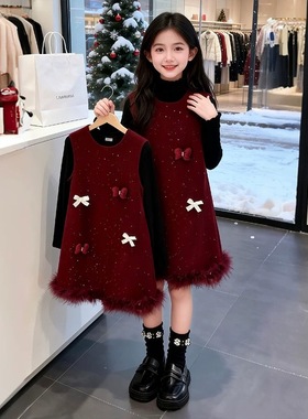 女童红色蝴蝶结连衣裙秋冬加绒毛呢中长款洋气小香风裙子