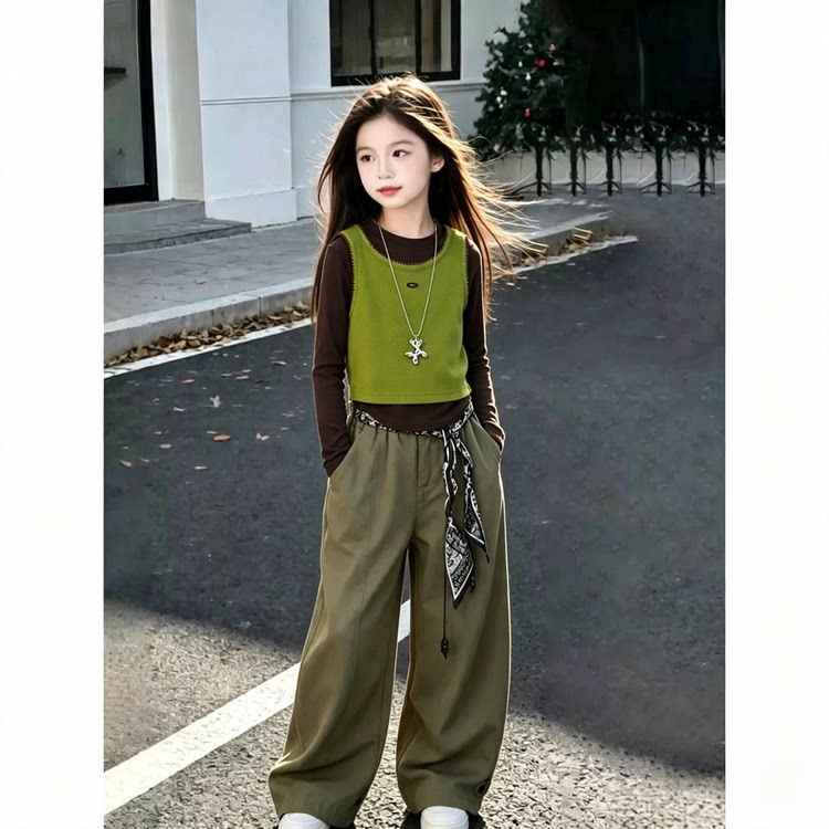 女童春季韩系绿马甲三件套