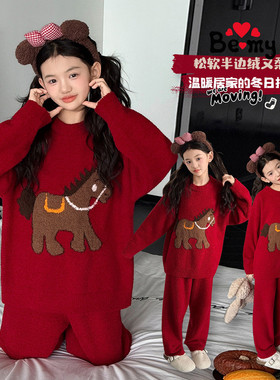 女童红色半边绒家居服套装冬季本命年卡通印花保暖睡衣可外穿