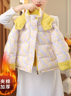 女童夹棉加厚黄色印花连帽棉服冬季中大童保暖棉袄外套