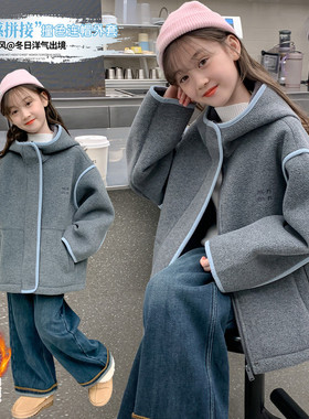 韩版女童灰色毛呢大衣冬季加厚保暖连帽拉链外套松弛感