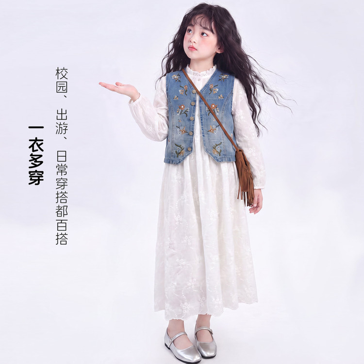 女童刺绣牛仔马甲连衣裙套装