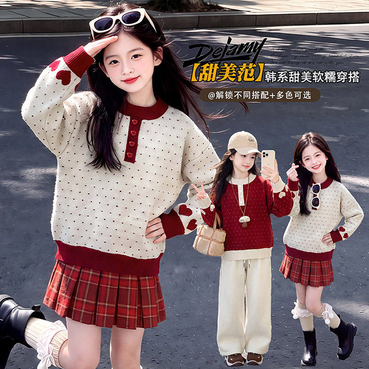 女童红色波点学院风软糯毛衣