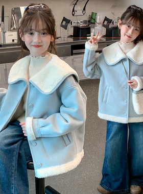 女童皮毛一体外套2025新款加绒加厚大翻领夹克蓝色