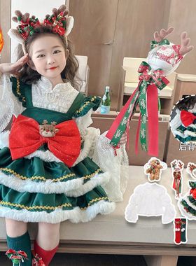 女童圣诞节洛丽塔公主裙绿色长袖大蝴蝶结蓬蓬裙演出服