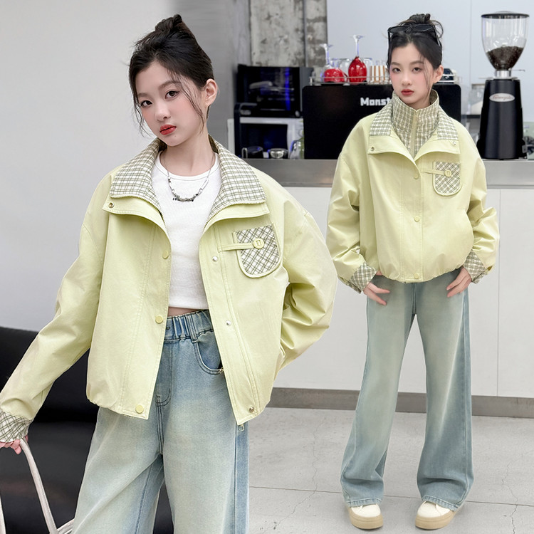 韩版女大童春秋方领拉链外套