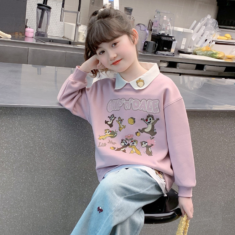 女孩可爱松栗卫衣2025秋新粉红色运动服中大童套头休闲上衣