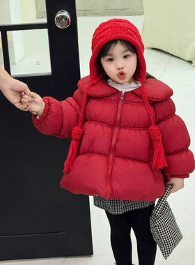 女童红色加厚保暖棉服冬季连帽面包服洋气外套棉袄